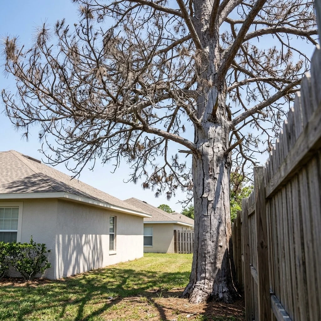 Leaning hazardous oak before removal in Largo