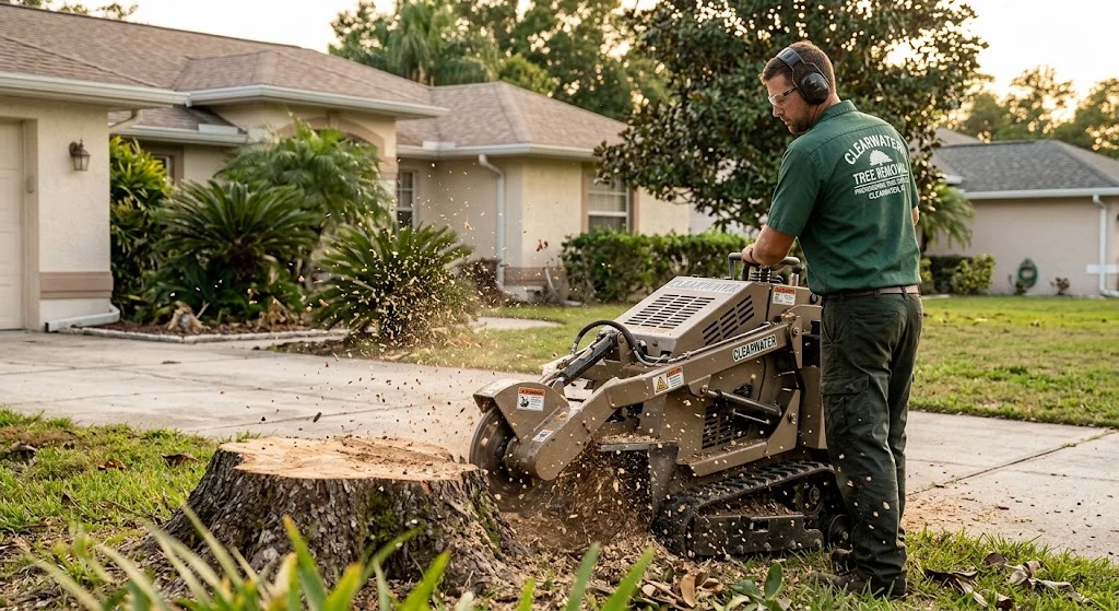 Crew grinding a tree stump below grade in Dunedin