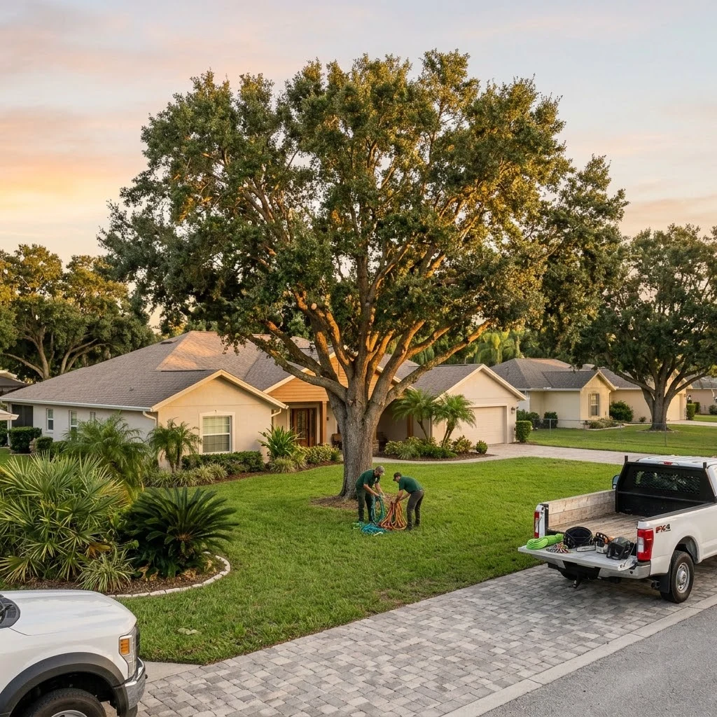 Well-pruned oak canopy after structural trimming in a Clearwater, Florida yard